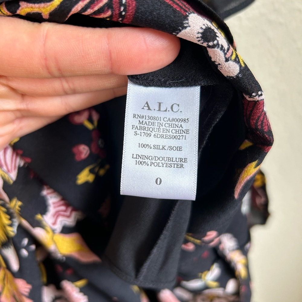 A.L.C. Zaydena Floral Silk Maxi Dress Black Floral Print Ruffle Spaghetti Strap - Picture 10 of 10